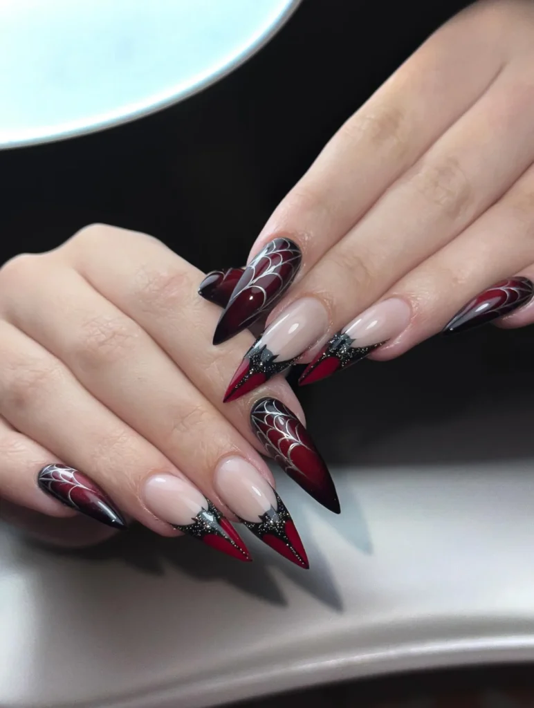 Gothic Burgundy Spiderweb Nails