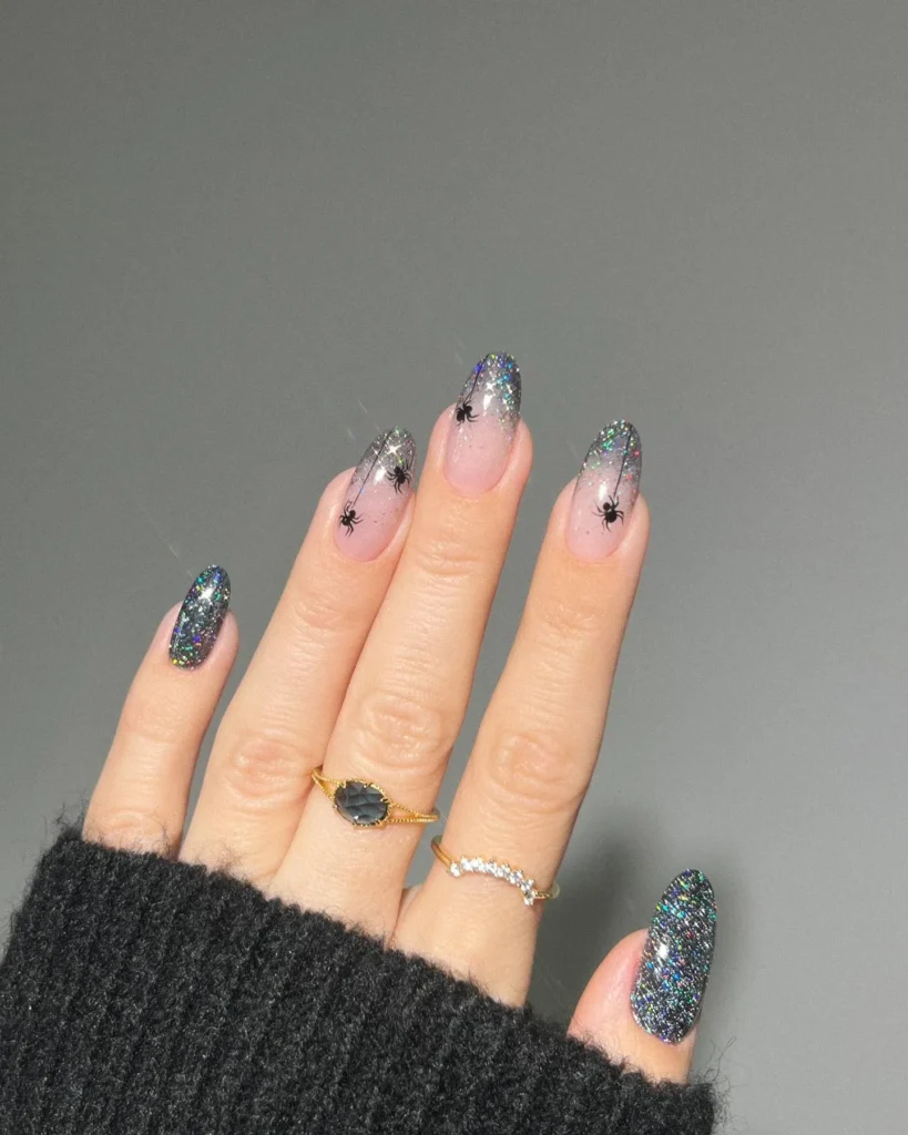 Silver Spiderweb Glitter Nails