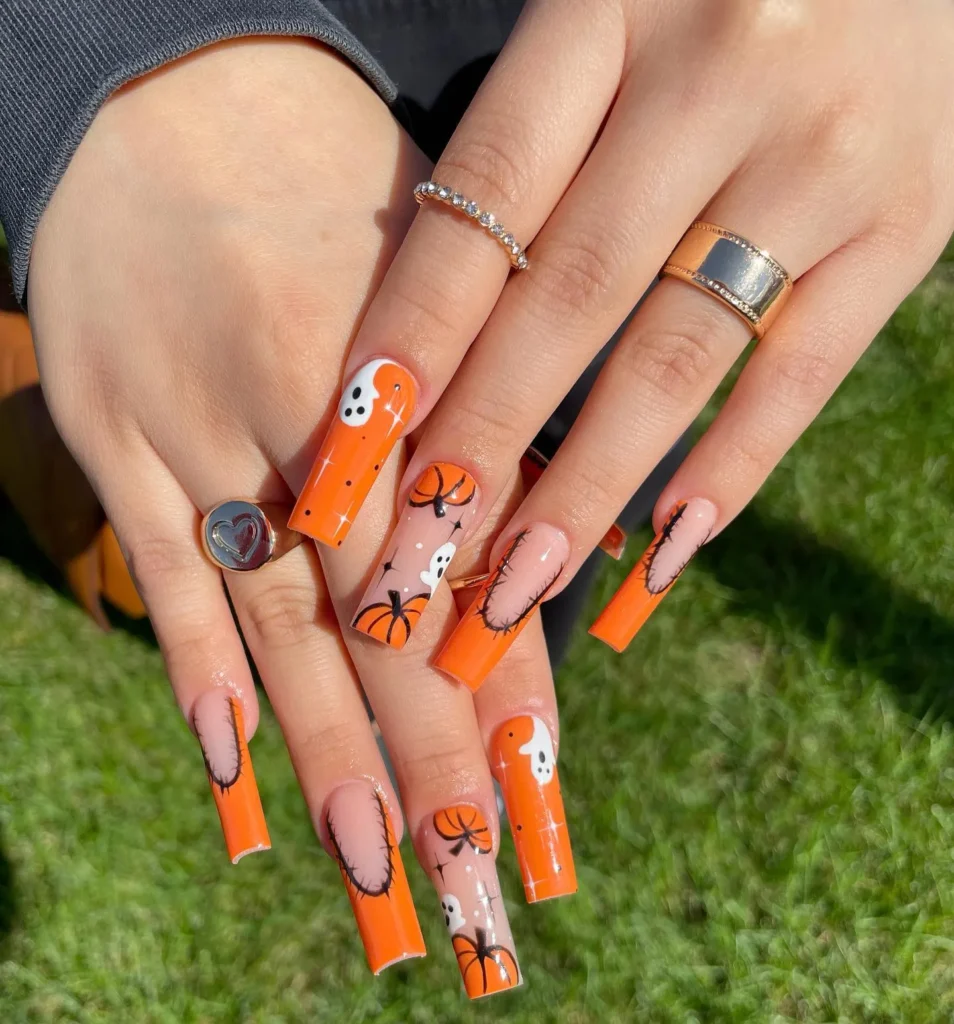 Orange Ghost Pumpkin Nails