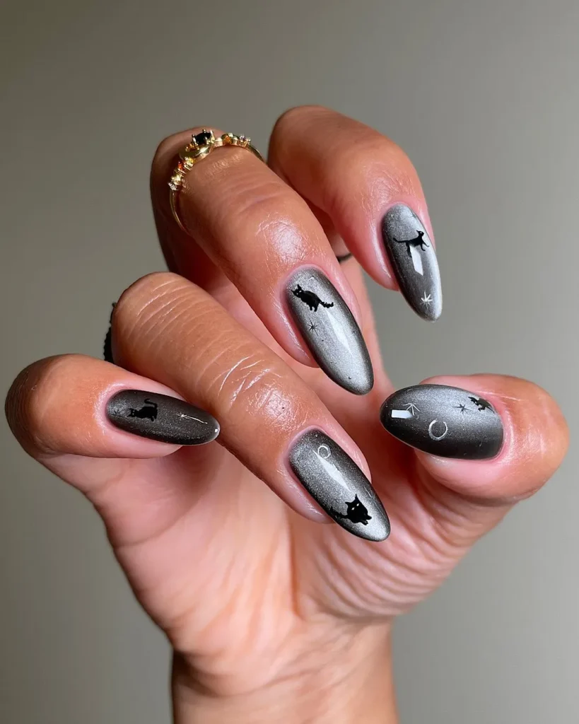 Silver Cat Halloween Nails