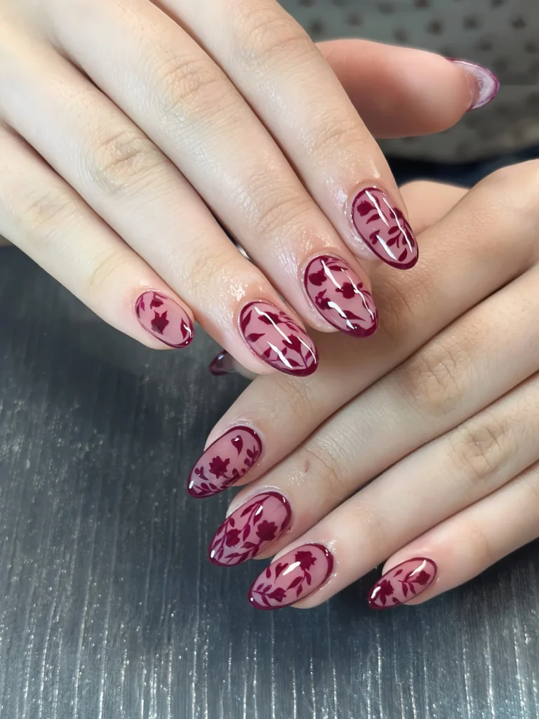 Maroon Floral Fall Nails